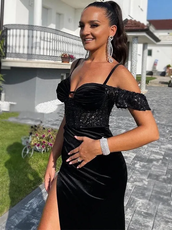 Sexy Black Off-shoulder Spaghetti Straps Side-slit Mermaid Long Prom Dress, PD3492