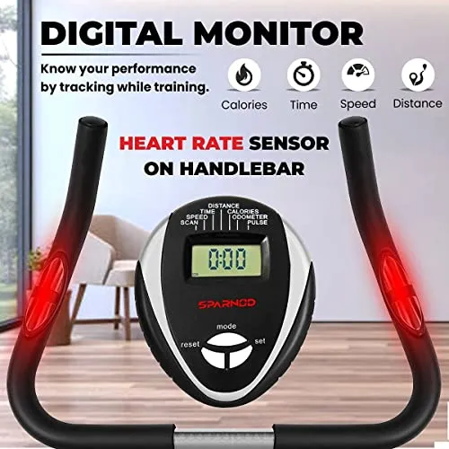 SPARNOD FITNESS SUB-52 Upright Exercise Bike for home gym - LCD Display, Height Adjustable Seat, Compact design 4Kg Flywheel and Heart Rate Sensors Perfect Cardio Exercise Cycle Machine (Black/White)