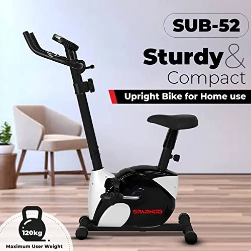 SPARNOD FITNESS SUB-52 Upright Exercise Bike for home gym - LCD Display, Height Adjustable Seat, Compact design 4Kg Flywheel and Heart Rate Sensors Perfect Cardio Exercise Cycle Machine (Black/White)