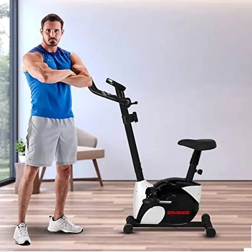 SPARNOD FITNESS SUB-52 Upright Exercise Bike for home gym - LCD Display, Height Adjustable Seat, Compact design 4Kg Flywheel and Heart Rate Sensors Perfect Cardio Exercise Cycle Machine (Black/White)