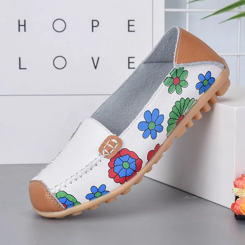 Spring and Autumn Women's Shoes Flat with Peas Shoes Mother Shoes Leather Printed Shoes Lazy Shoes