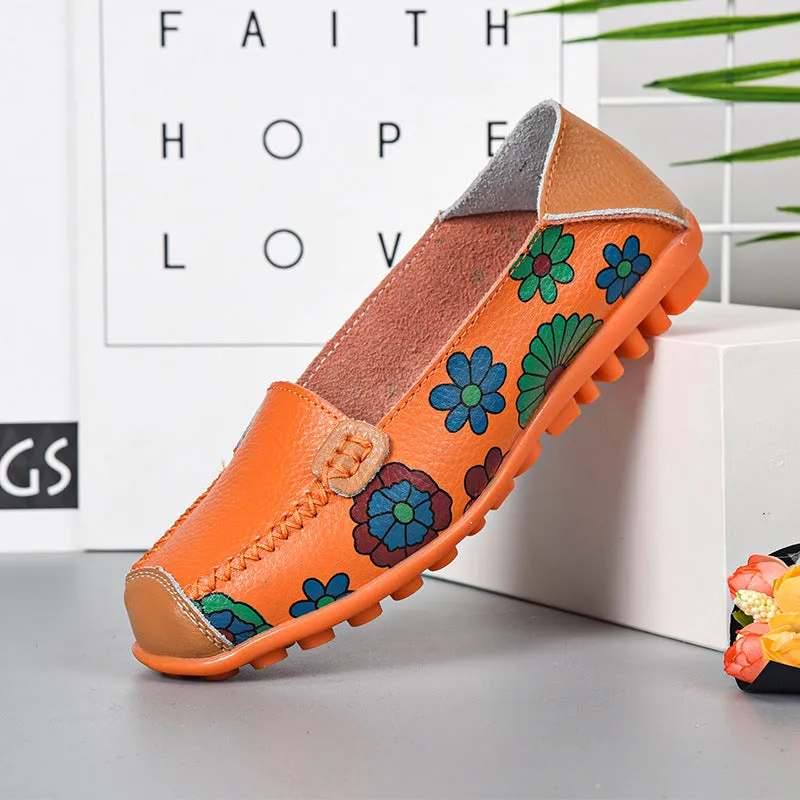Spring and Autumn Women's Shoes Flat with Peas Shoes Mother Shoes Leather Printed Shoes Lazy Shoes