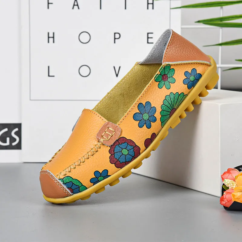 Spring and Autumn Women's Shoes Flat with Peas Shoes Mother Shoes Leather Printed Shoes Lazy Shoes