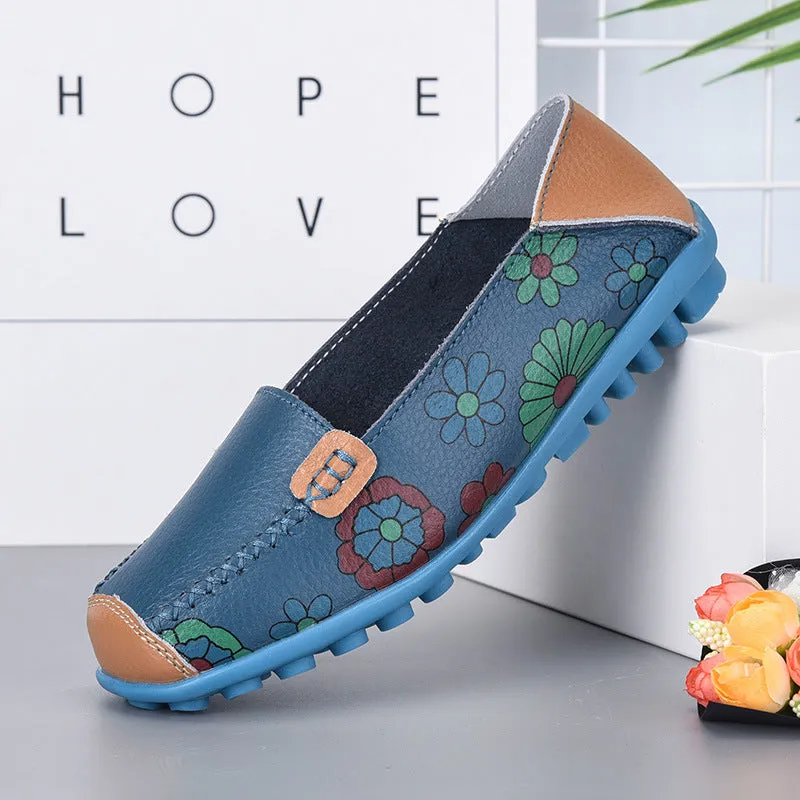 Spring and Autumn Women's Shoes Flat with Peas Shoes Mother Shoes Leather Printed Shoes Lazy Shoes
