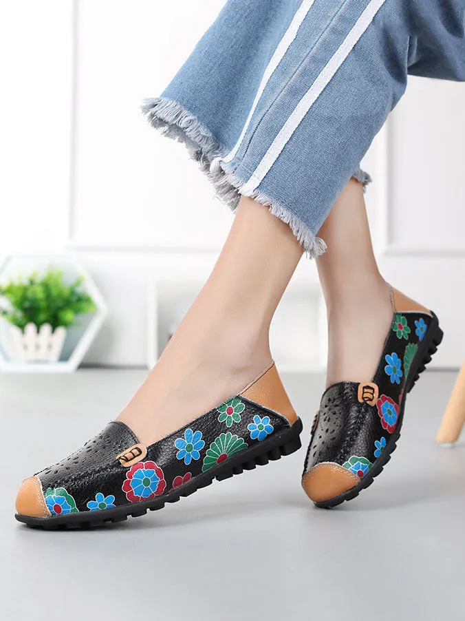 Spring and Autumn Women's Shoes Flat with Peas Shoes Mother Shoes Leather Printed Shoes Lazy Shoes