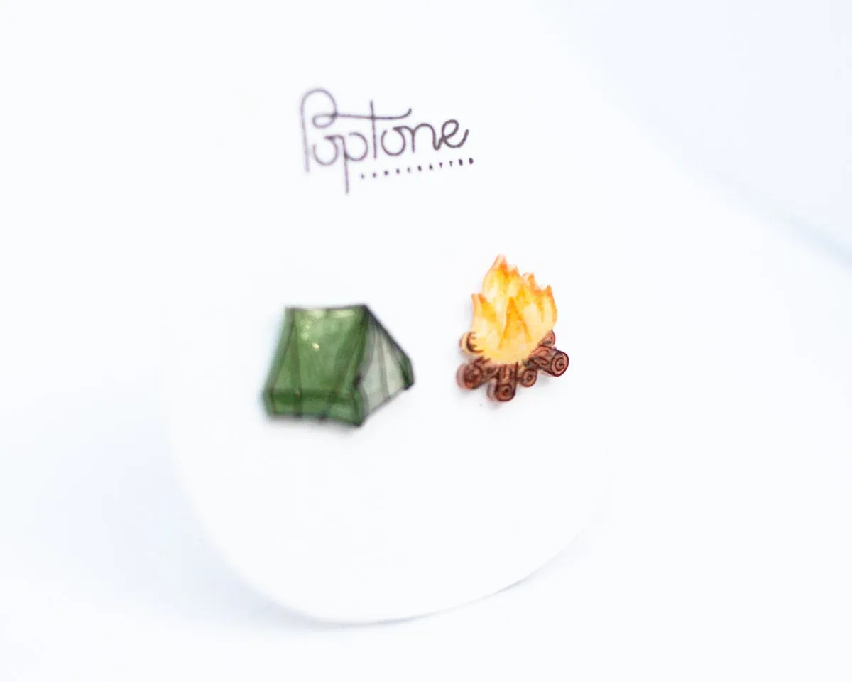 Tent and Campfire Camping Stud Earring Set