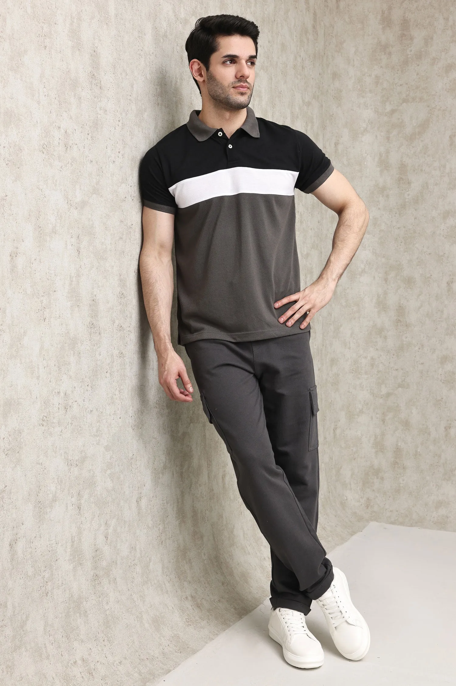 TRIPLE-TONE COLOR BLOCK PIQUE POLO SHIRT-BLK-WHT-GREY
