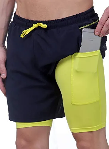 TRUEREVO 7 Inch Men's 2-in-1 Sports Shorts with Phone Pocket (Dark Navy, Medum)