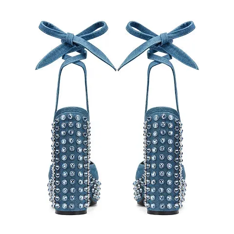 Voyette Lee Platform Denim and Crystal Sandals