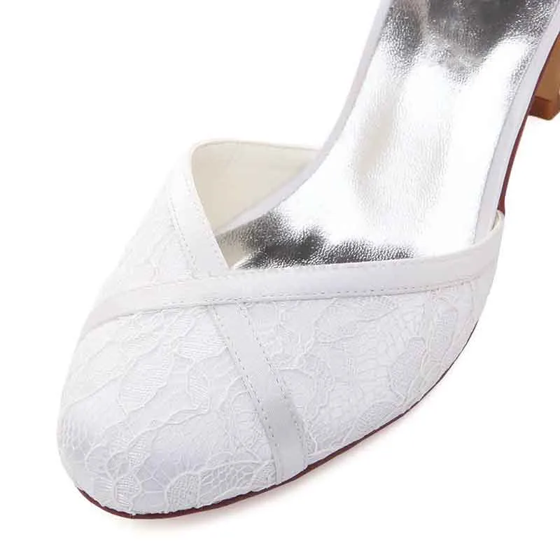 Women's Bridal Shoes Closed Toe Block Mid Heel Lace Satin Pumps Wedding Shoes