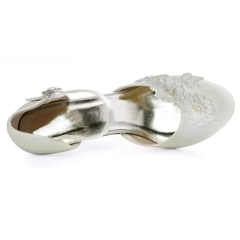Women's Bridal Shoes Closed Toe T-Strap Low Heel Lace Satin Pumps Wedding Shoes