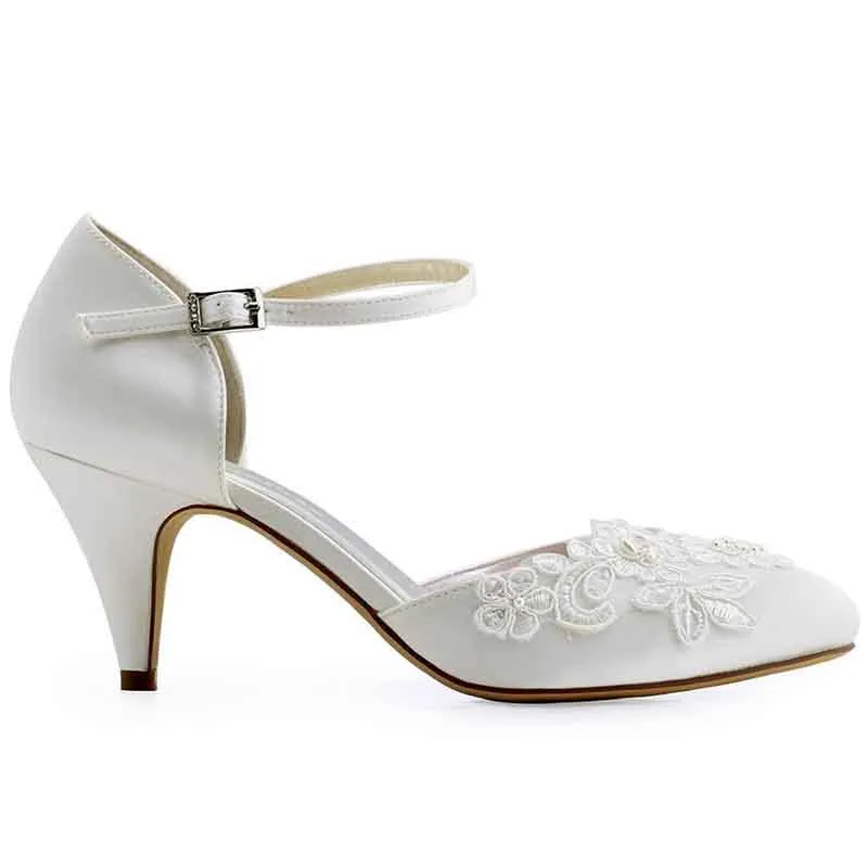 Women's Bridal Shoes Closed Toe T-Strap Low Heel Lace Satin Pumps Wedding Shoes