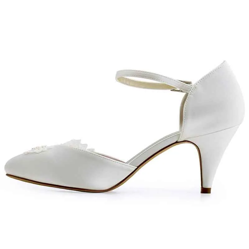 Women's Bridal Shoes Closed Toe T-Strap Low Heel Lace Satin Pumps Wedding Shoes