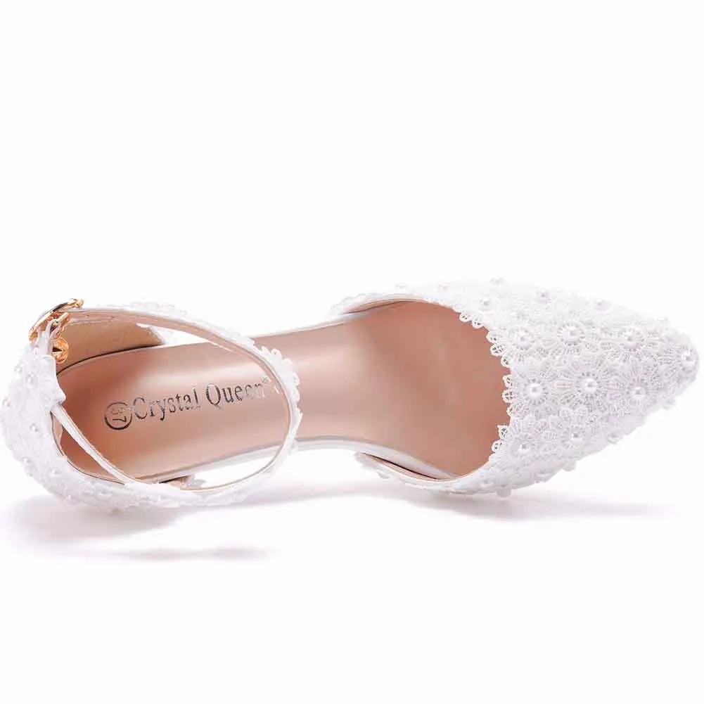 Women's High Heel Pumps Closed Toe Sandals with Floral Lace Bridal Shoes