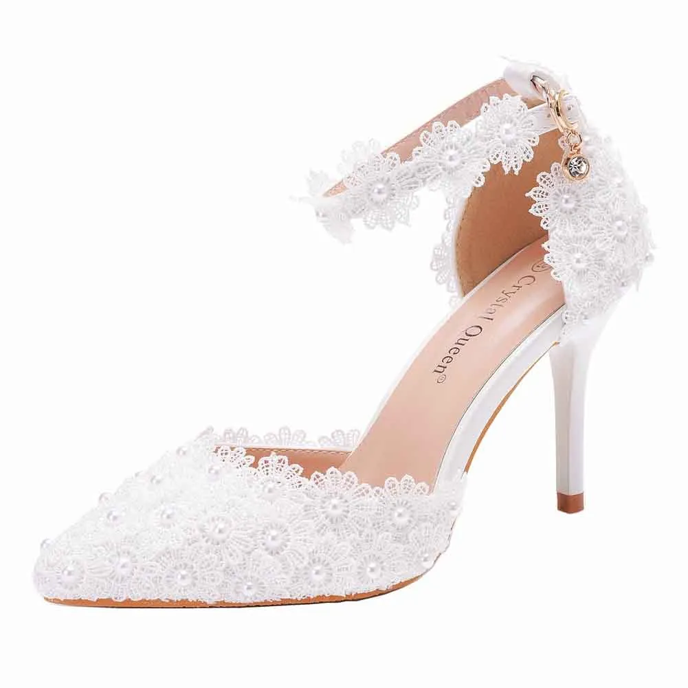 Women's High Heel Pumps Closed Toe Sandals with Floral Lace Bridal Shoes
