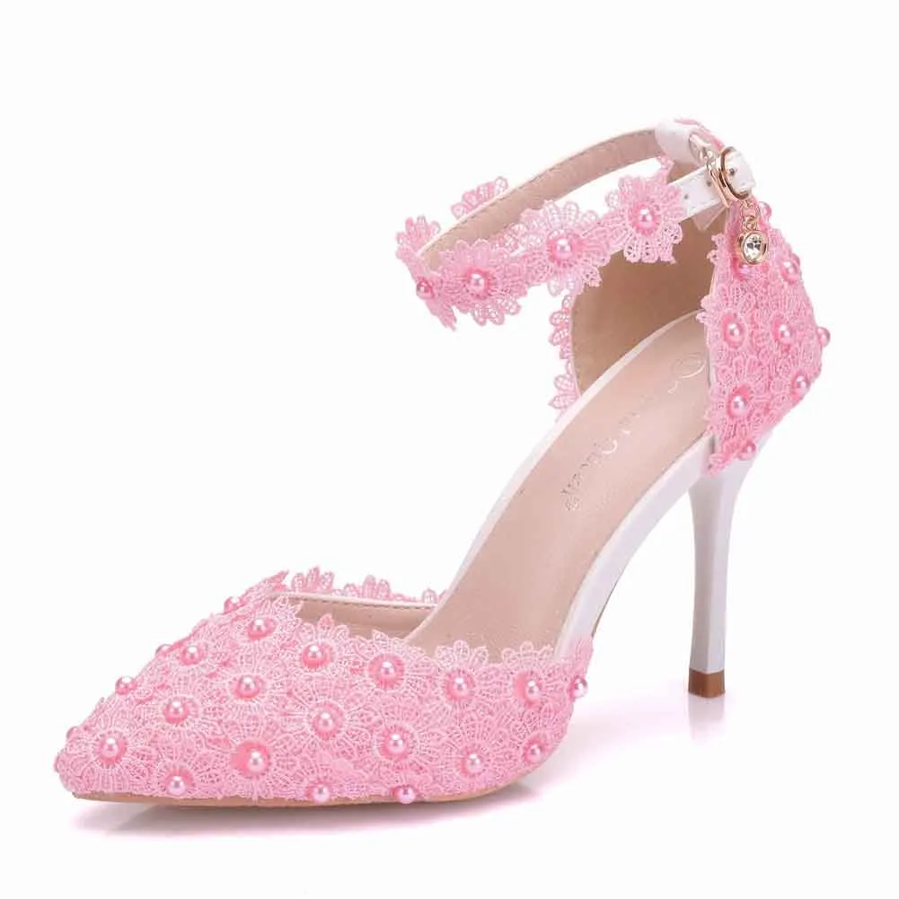 Women's High Heel Pumps Closed Toe Sandals with Floral Lace Bridal Shoes