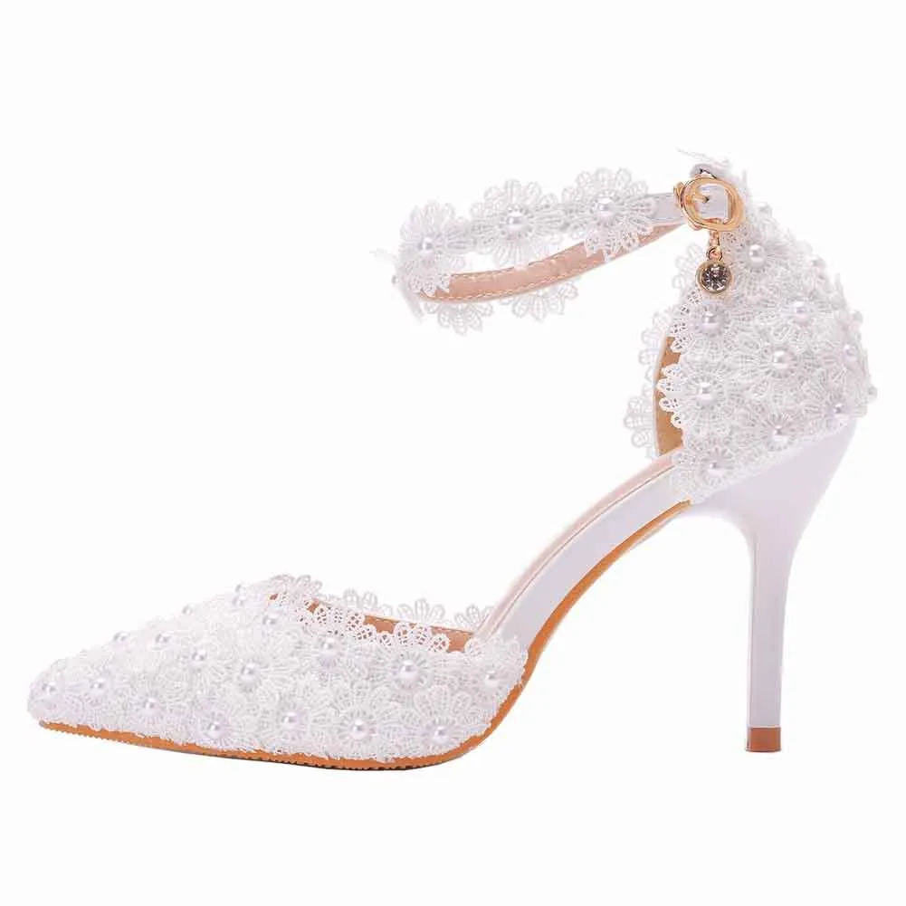 Women's High Heel Pumps Closed Toe Sandals with Floral Lace Bridal Shoes