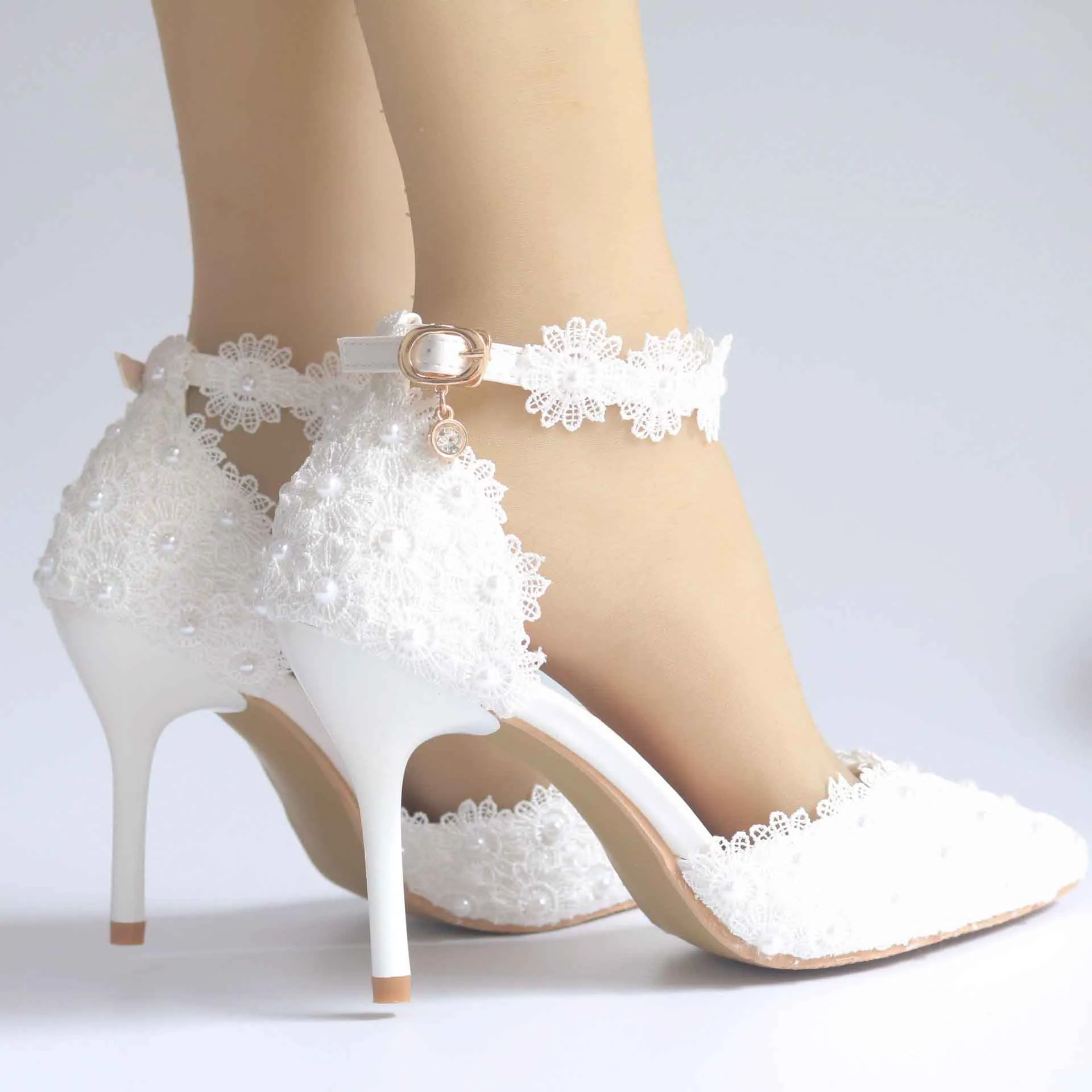 Women's High Heel Pumps Closed Toe Sandals with Floral Lace Bridal Shoes