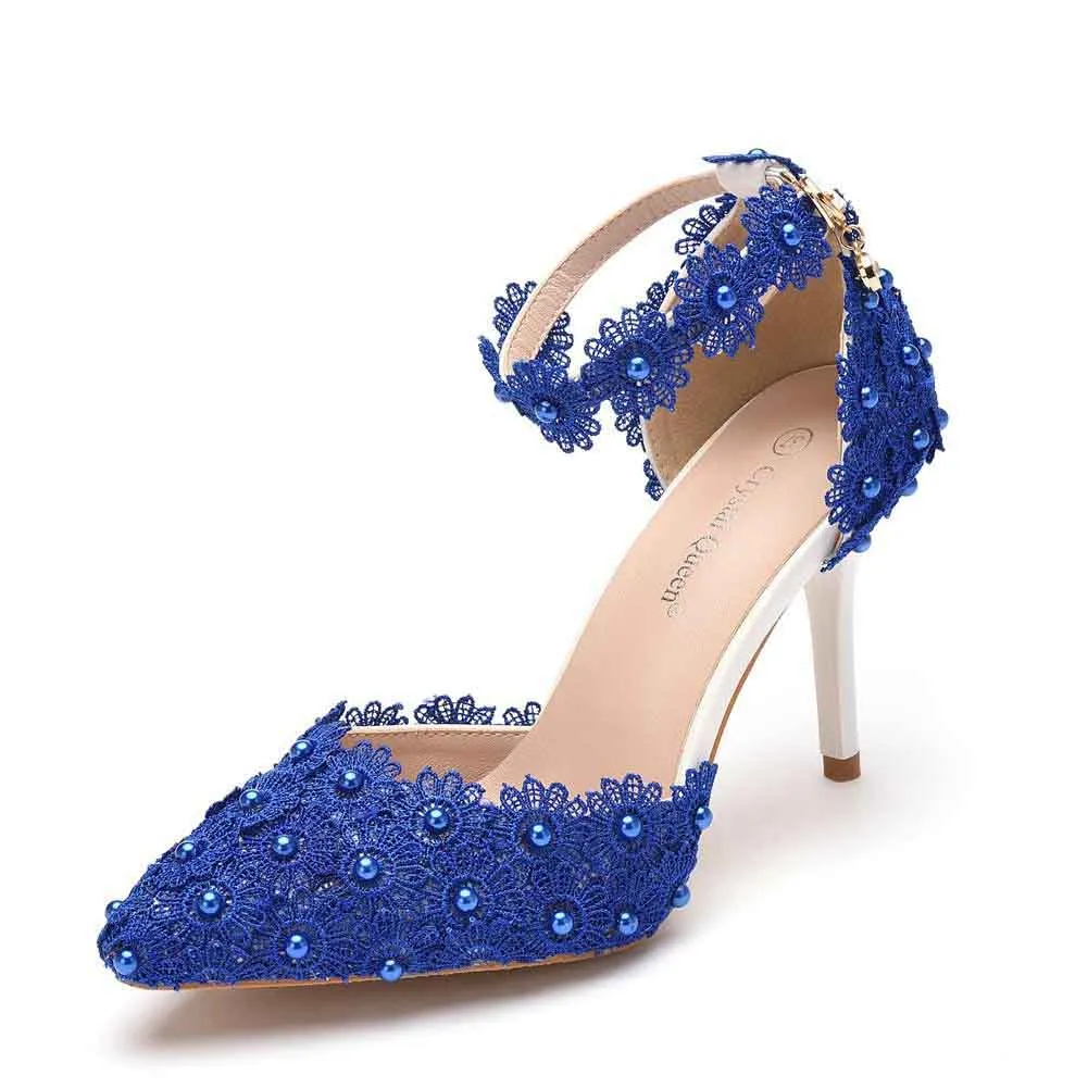 Women's High Heel Pumps Closed Toe Sandals with Floral Lace Bridal Shoes