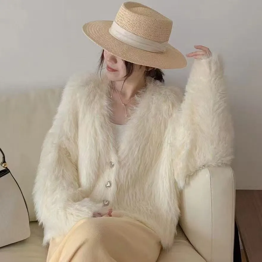 XIEYINSHE Lazy wind V-neck short mink velvet knitted cardigan women's New autumn and winter new high-end soft waxy sweater jacket