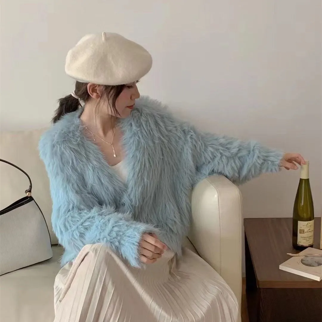 XIEYINSHE Lazy wind V-neck short mink velvet knitted cardigan women's New autumn and winter new high-end soft waxy sweater jacket