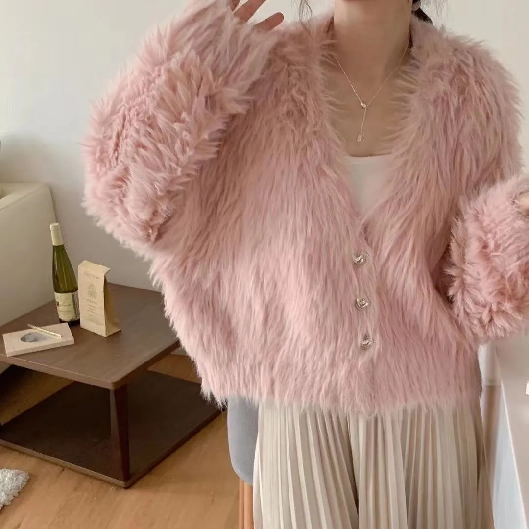 XIEYINSHE Lazy wind V-neck short mink velvet knitted cardigan women's New autumn and winter new high-end soft waxy sweater jacket