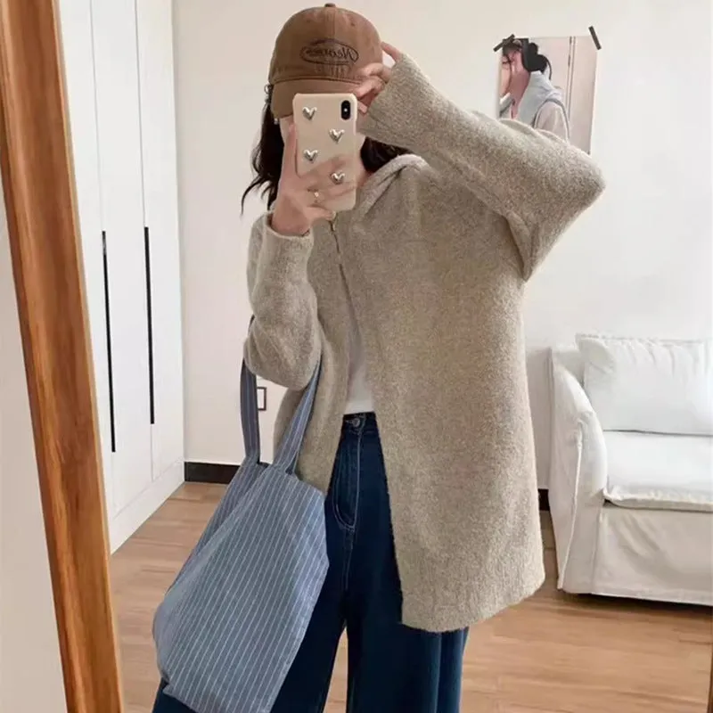 XIEYINSHE New cross-border new loose large-size hooded sweater women's clothing medium and long soft waxy lazy wind knitted cardigan jacket