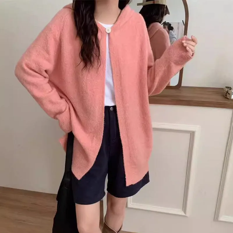 XIEYINSHE New cross-border new loose large-size hooded sweater women's clothing medium and long soft waxy lazy wind knitted cardigan jacket