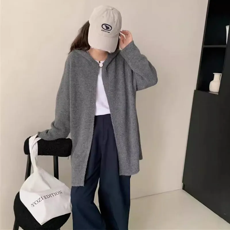 XIEYINSHE New cross-border new loose large-size hooded sweater women's clothing medium and long soft waxy lazy wind knitted cardigan jacket