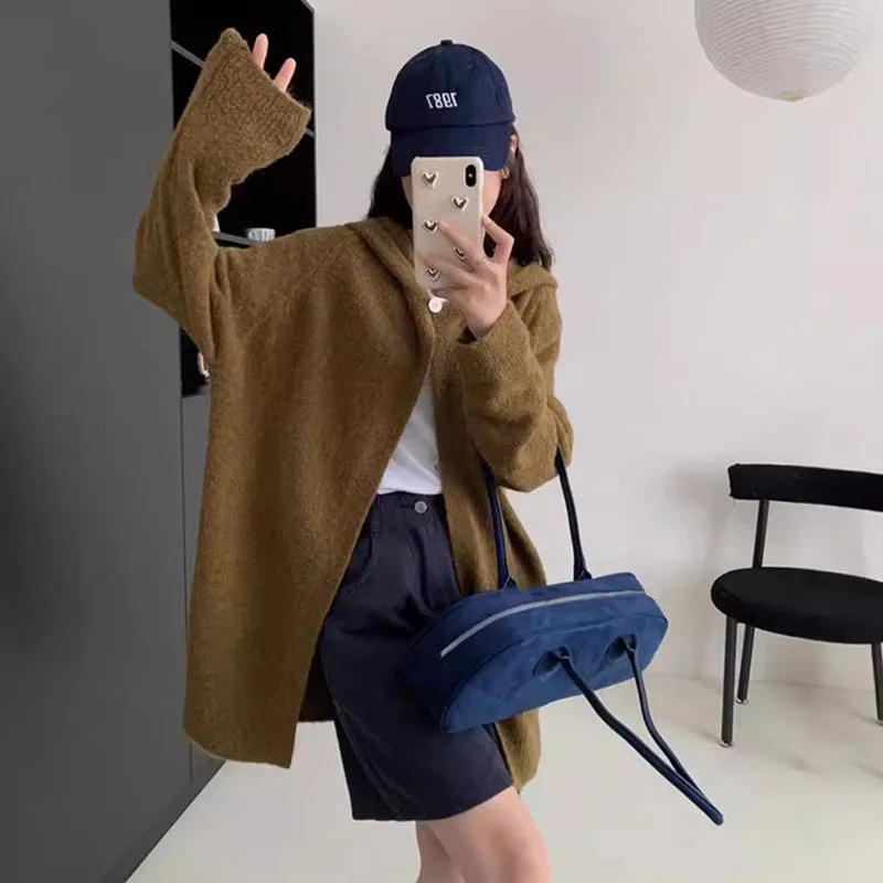 XIEYINSHE New cross-border new loose large-size hooded sweater women's clothing medium and long soft waxy lazy wind knitted cardigan jacket